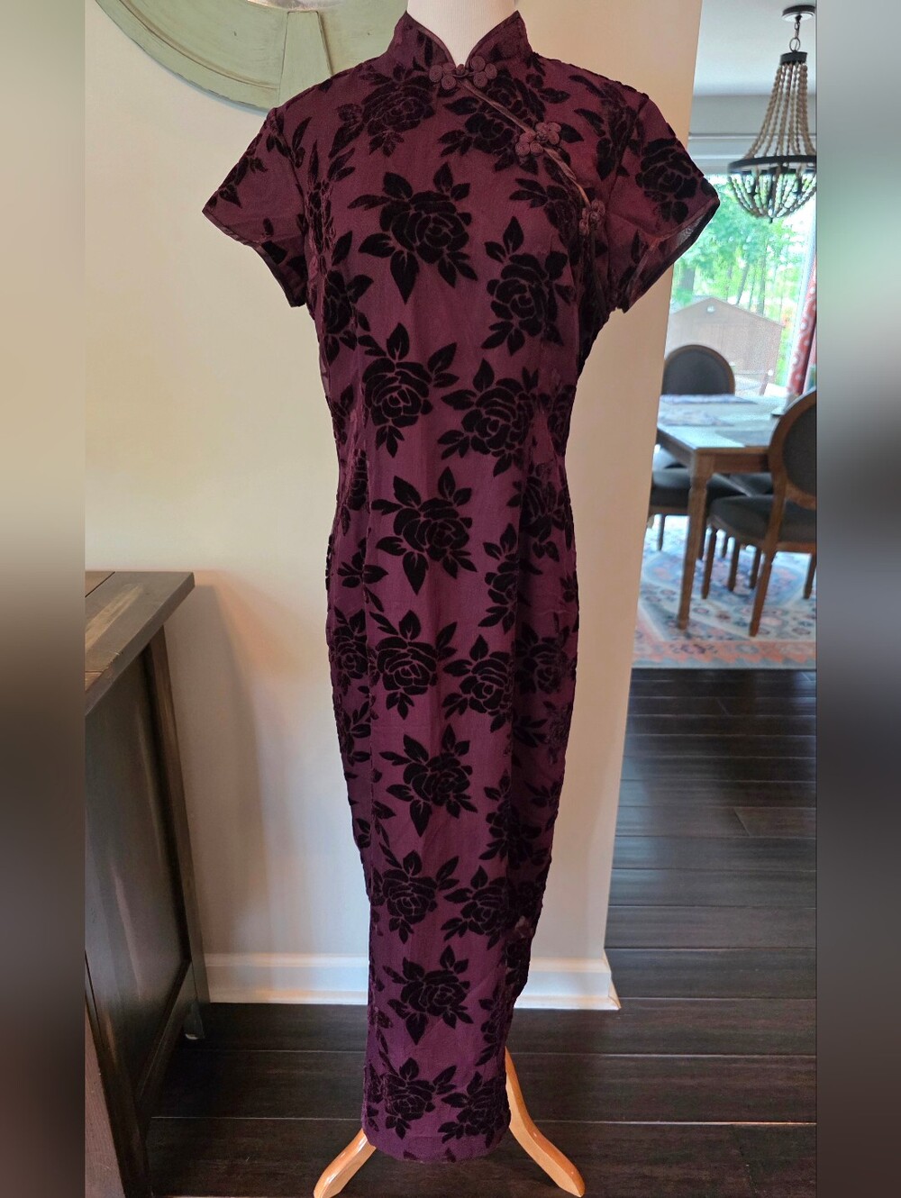 Robbie Bee Vintage Size 10 Velvet Burnout Asian Inspired Maxi Dress Burgundy - Picture 2 of 12